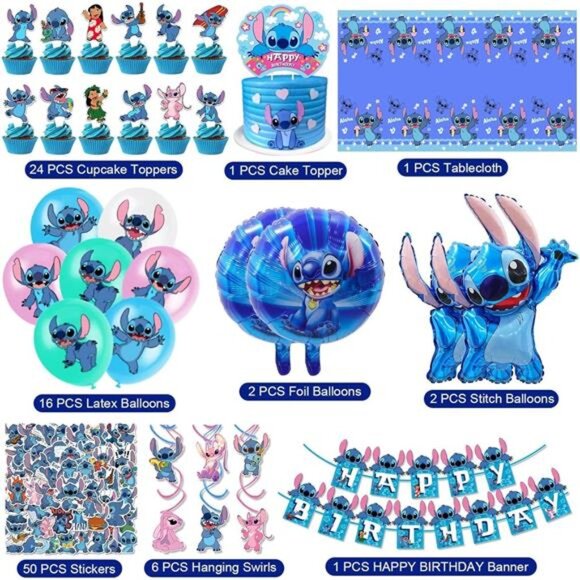 Stitch Birthday Party Decorations 103 PCS Kit Banner Balloons Cupcake Toppers - Picture 2 of 3